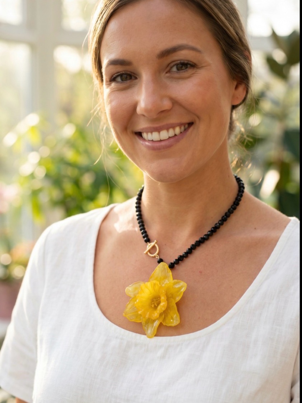 Handcrafted Yellow Daffodil Pendant Necklace - Black Beaded Chain